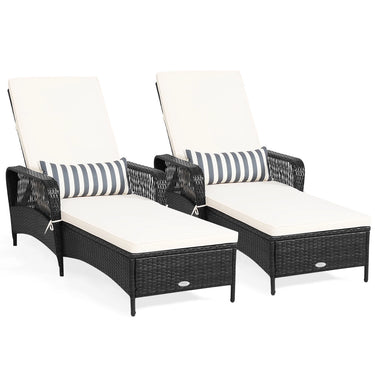 Set of 2 Adjustable Patio Rattan Lounge Chair Chaise Recliner W/ Cushion & Pillow